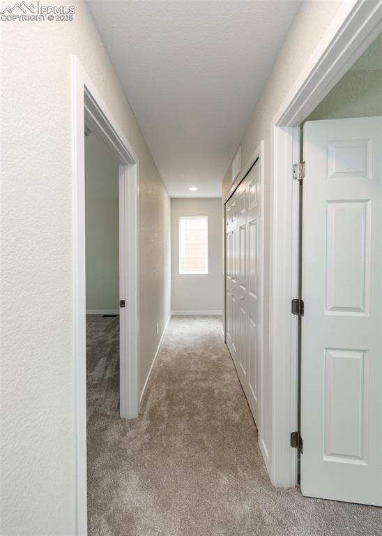 Corridor with light carpet and baseboards