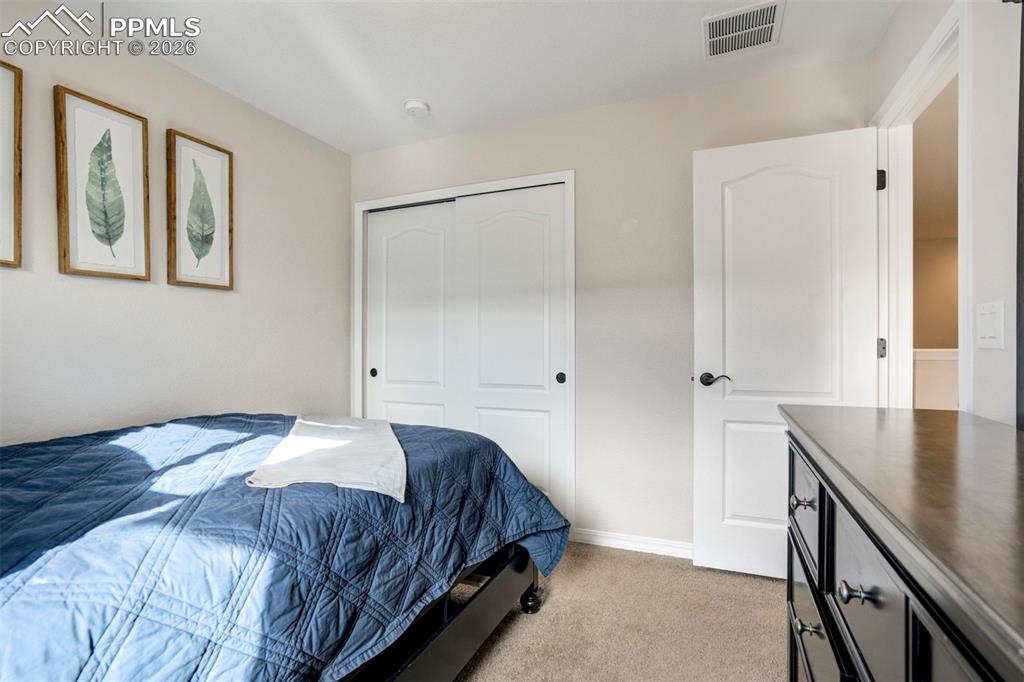 Bedroom with light colored carpet and a closet.