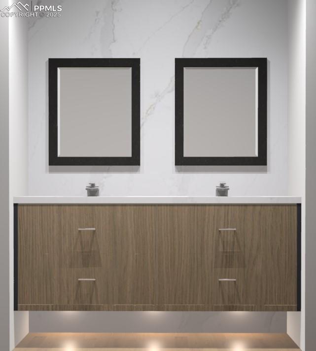 Floating cabinetry and double vanity