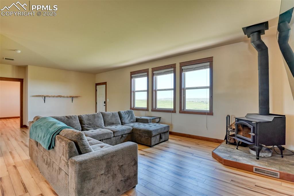 Living room featuring a wood stove and light wood-style floors
