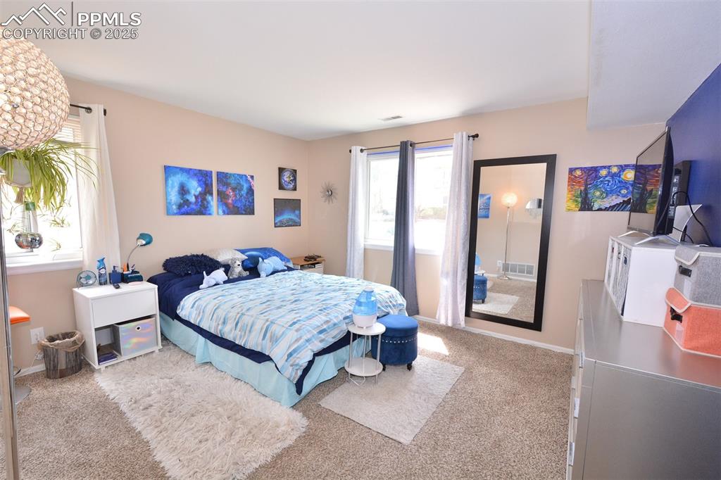 Bedroom with visible vents, carpet flooring, baseboards, and access to exterior