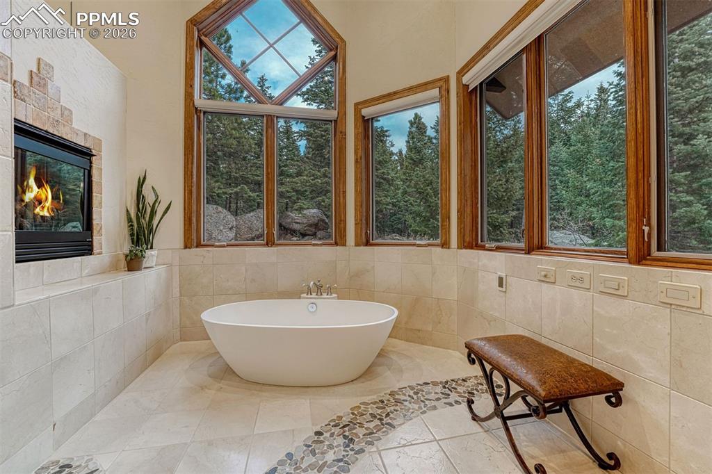 Spa inspired bath with soaking tub and tranquil natural views.