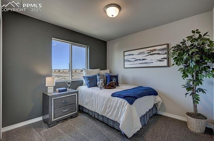Carpeted bedroom with a textured ceiling and baseboards