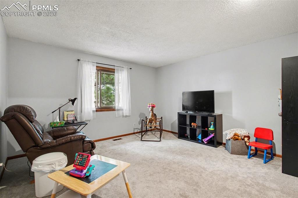 Carpeted living room with a textured ceiling and baseboards