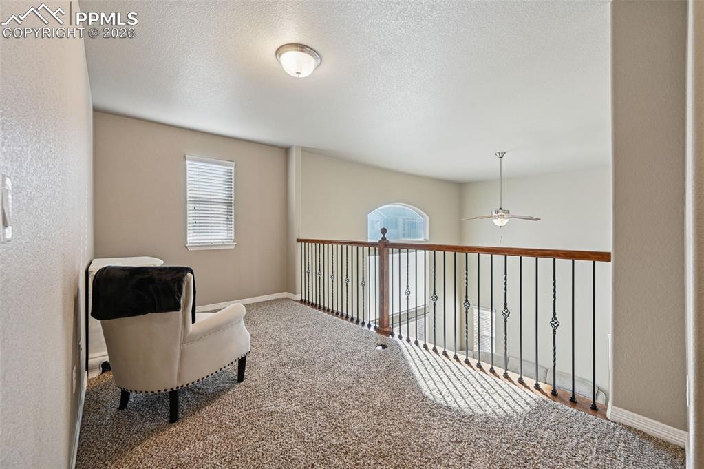 Sitting room with carpet flooring and a textured ceiling