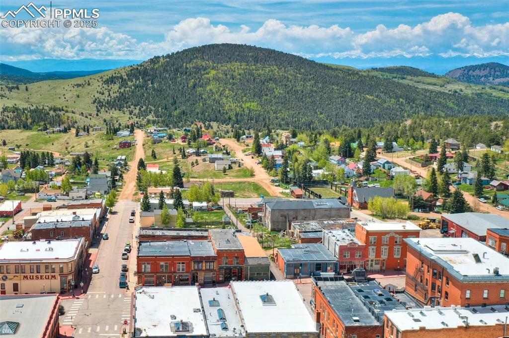 Bird's eye view Historic Victor with mountain backdrop