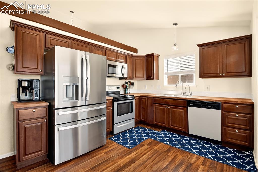 Kitchen with stainless sleet appliances, plenty of cabinet space, butcher block countertops and a walk out