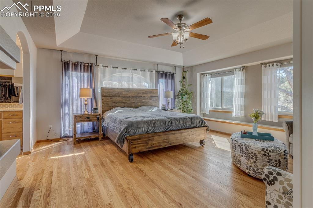 Bedroom with light wood finished floors, a tray ceiling, and a ceiling fan
