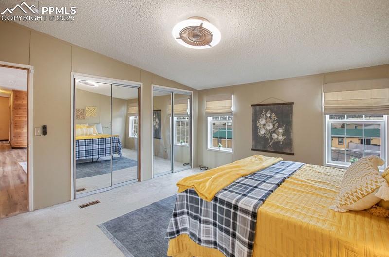 Bedroom featuring vaulted ceiling, a textured ceiling, visible vents, multiple closets, and carpet