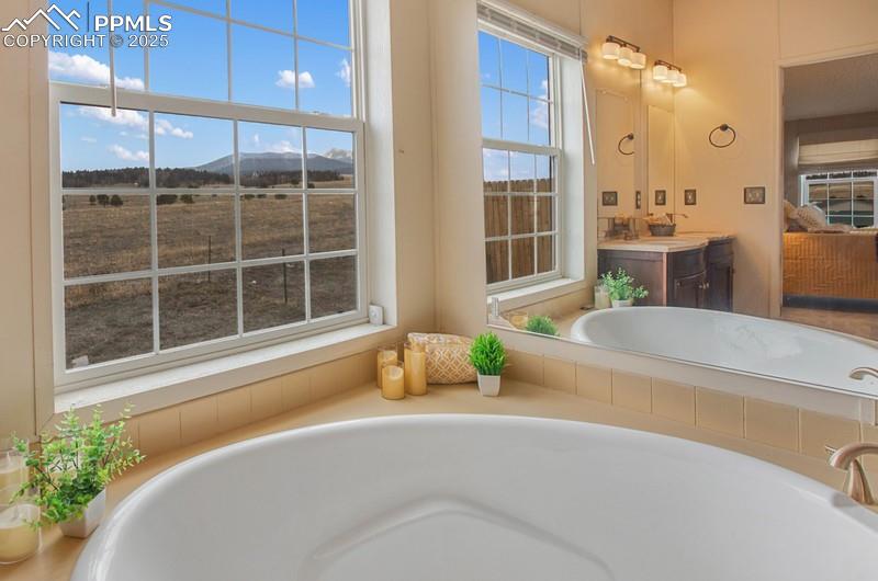 Full bathroom featuring a bath, a mountain view, and vanity
