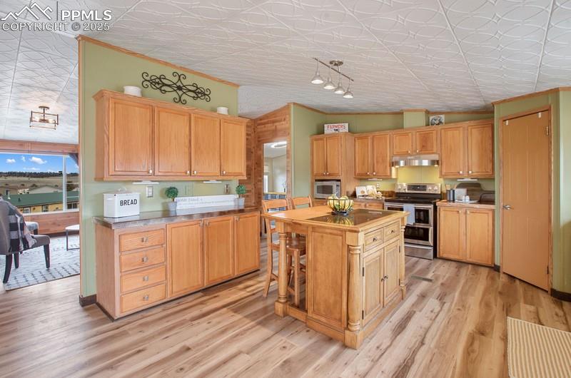 Kitchen with crown molding, a kitchen island, under cabinet range hood, stainless steel appliances, and an ornate ceiling