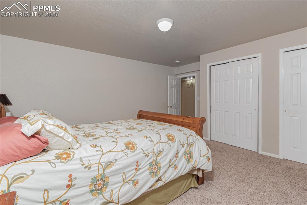 Basement-level bedroom featuring light carpet and a closet