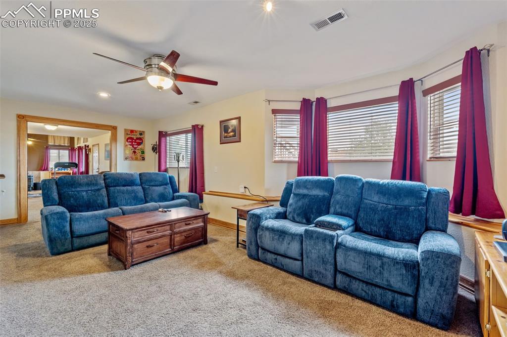 Bright lower-level living room with multiple windows
