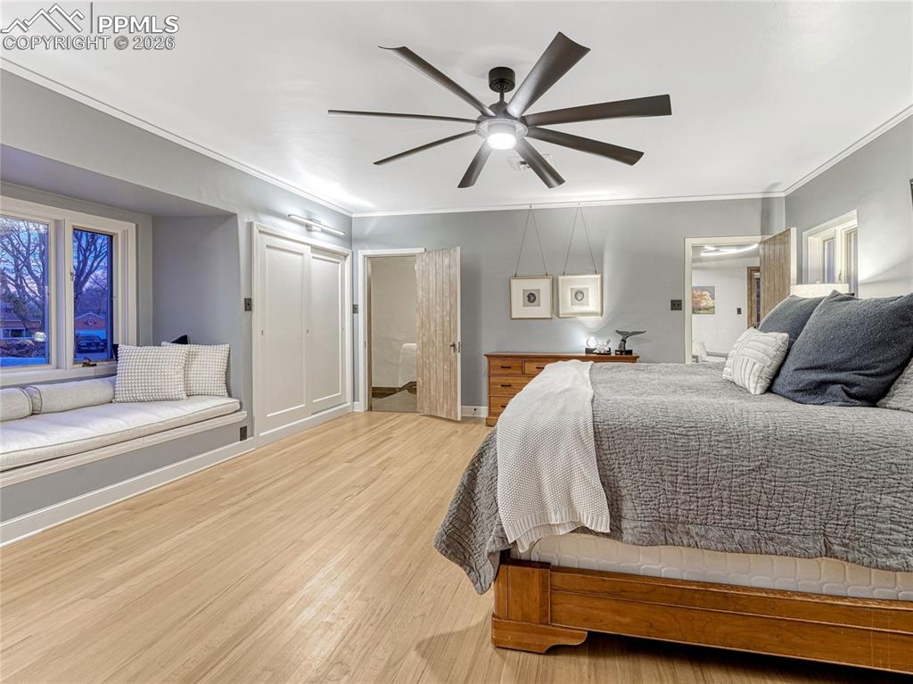 Primary Suite has window seat, double closets with built-ins, additional dressing/wardrobe space, ensuite and sitting area.