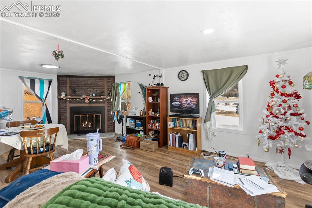 The living area with a wood fireplace!