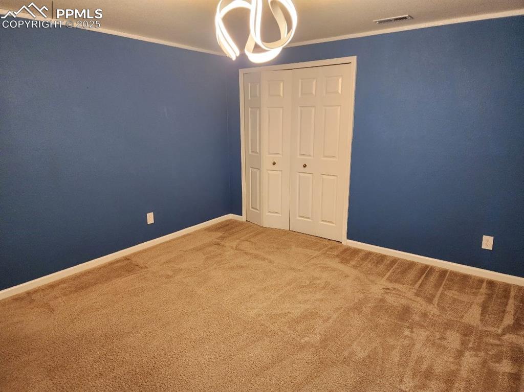Unfurnished bedroom with carpet, crown molding, and a closet
