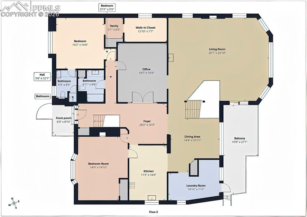 Main-Level Floor Plan – Detailed floor plan highlighting the open living room, dining area, kitchen, office, primary suite, additional bedroom, laundry room, and upper deck.