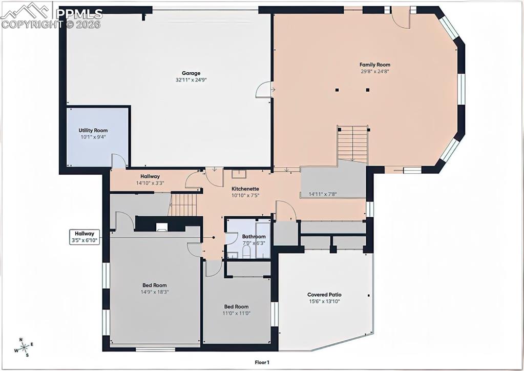 Lower-Level Floor Plan – Illustrated layout of the walkout basement featuring a spacious family room, two bedrooms, kitchenette, full bath, covered patio access, and oversized garage.