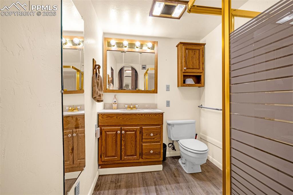Full bath featuring vanity and dark wood-style flooring