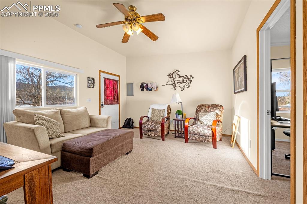 ADU Living area with a ceiling fan and light carpet