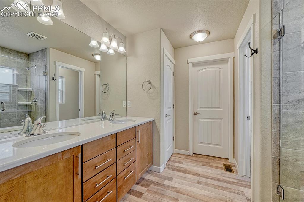 Primary bathroom features quartz counter