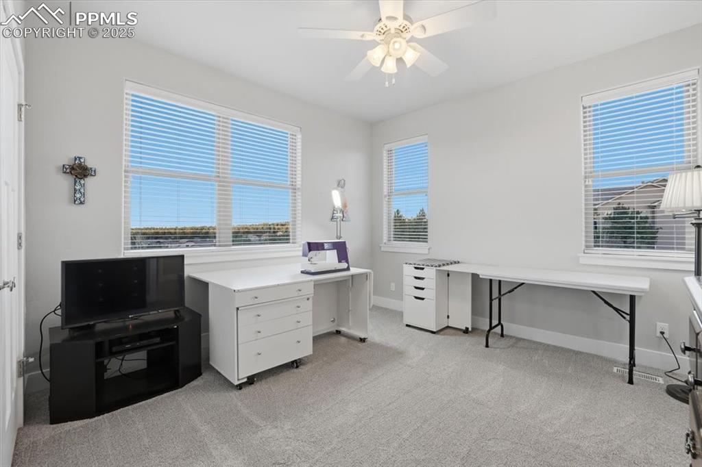 This third main-floor bedroom has beautiful views. It is currently in use as an office. 