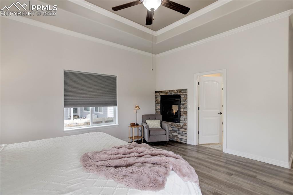 Primary suite offers a fireplace & walk-in closet