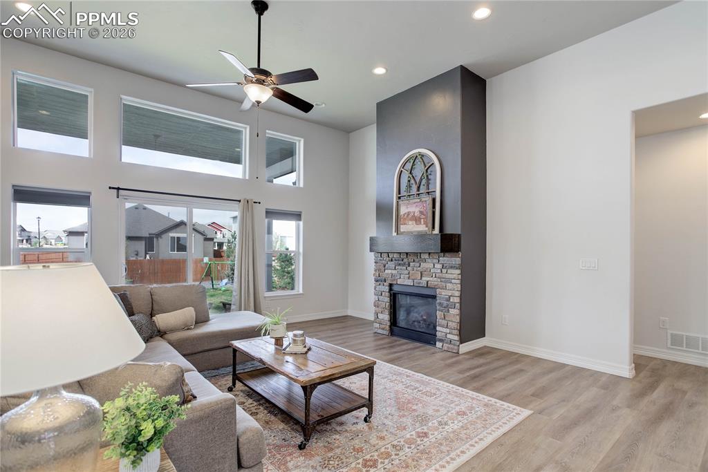 Large windows & fireplace