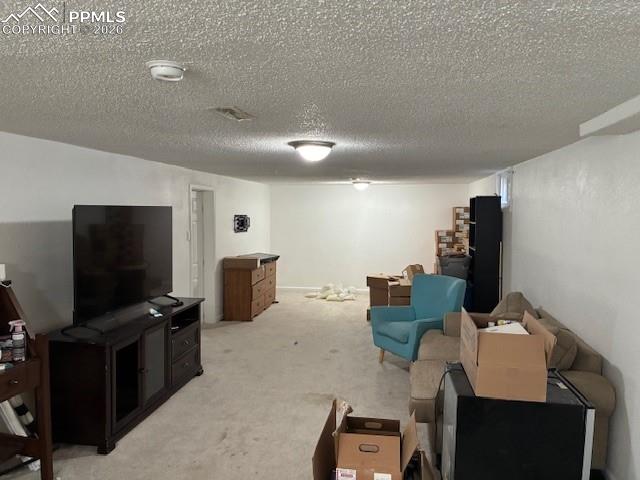 Carpeted living area featuring a textured ceiling
