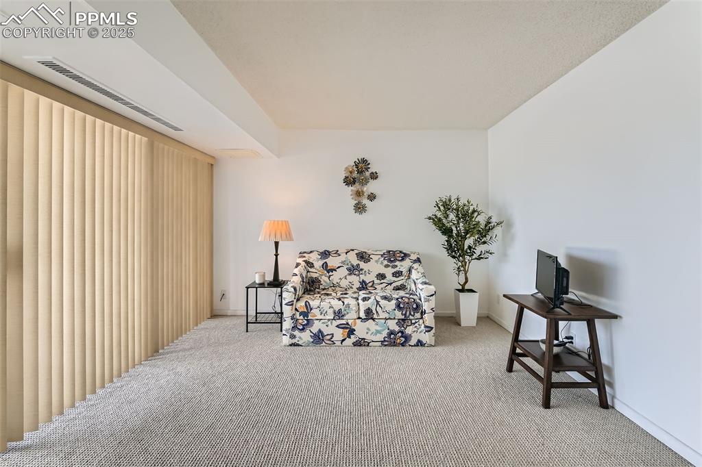 Sitting room featuring carpet floors and baseboards