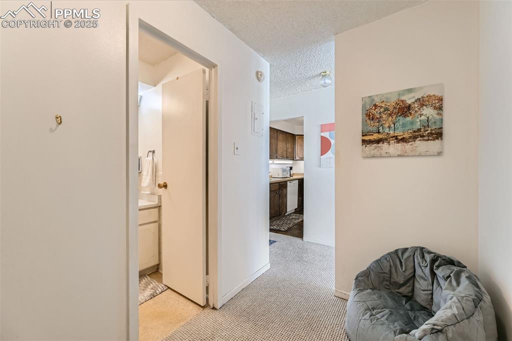 Hall featuring light colored carpet and a textured ceiling
