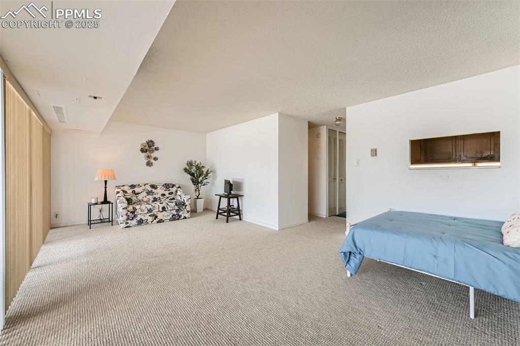 Bedroom with light colored carpet