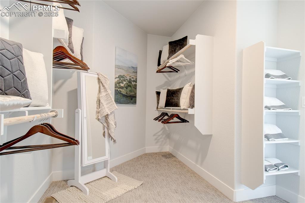 Spacious closet with light carpet