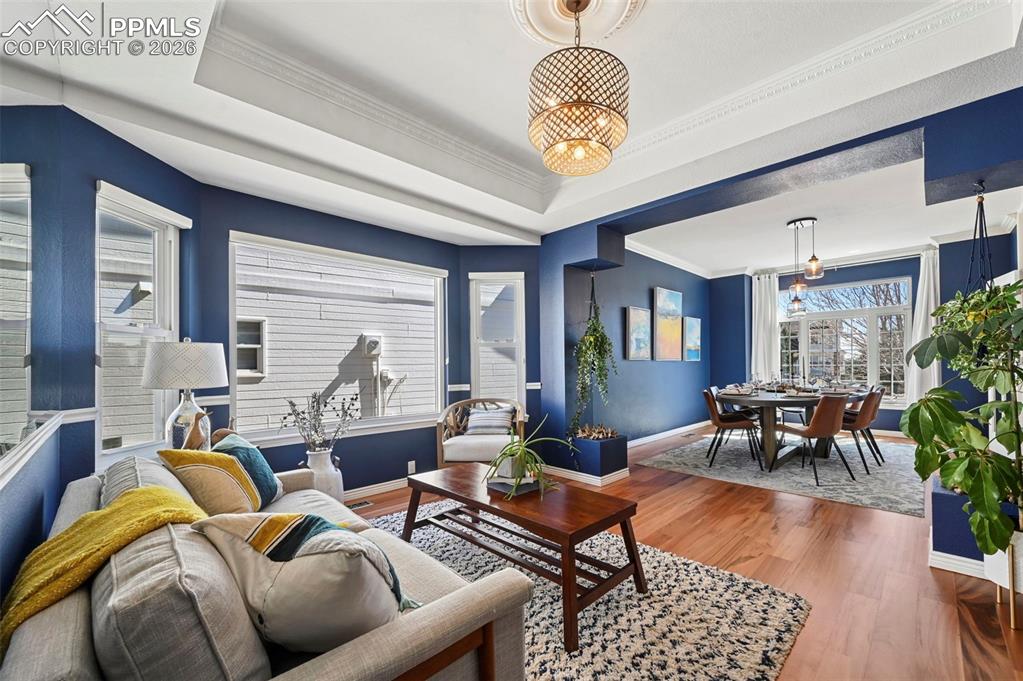 Living room with wood flooring, ornamental molding, and a raised ceiling