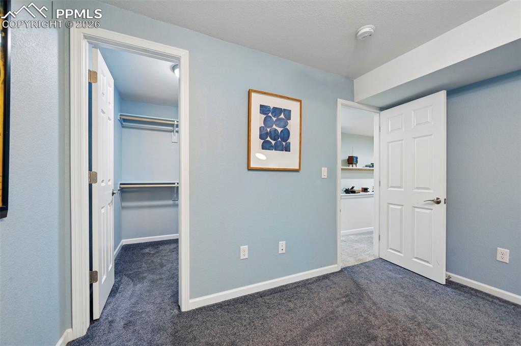 Unfurnished bedroom featuring a spacious closet and dark colored carpet