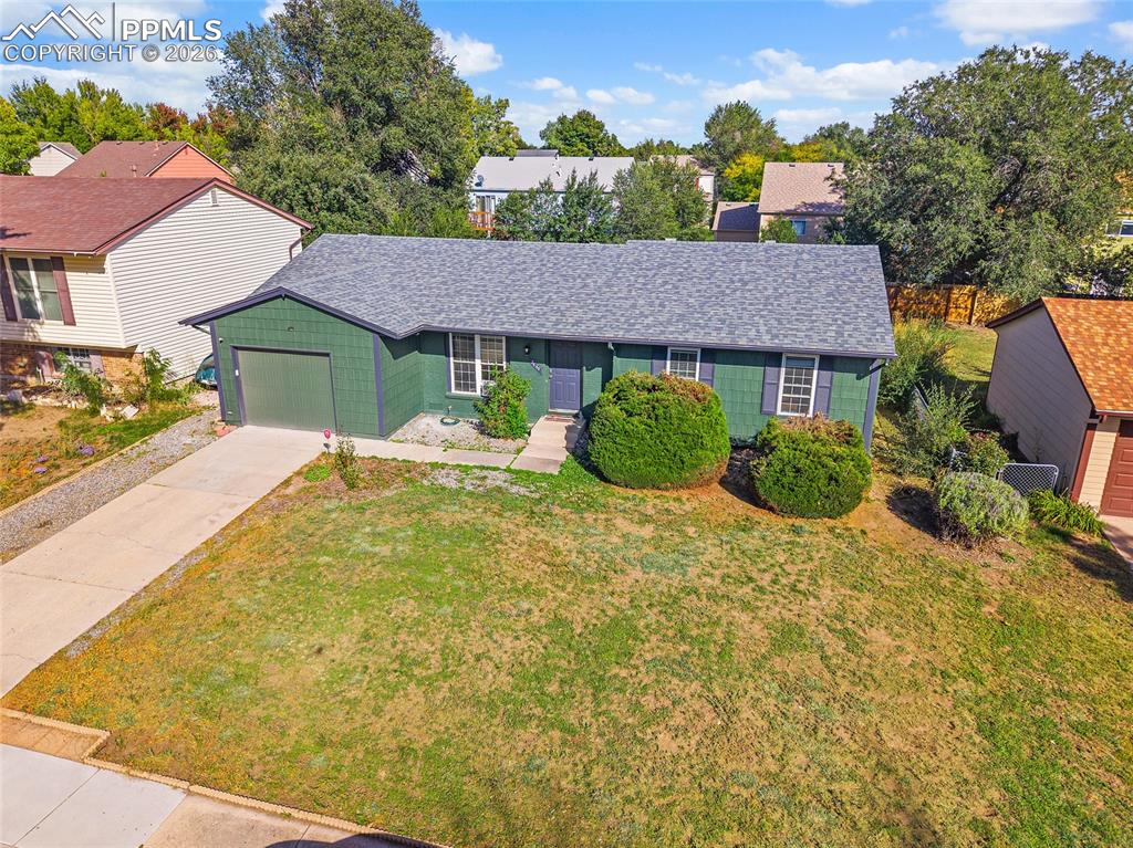 Aerial view of the house and landscaping