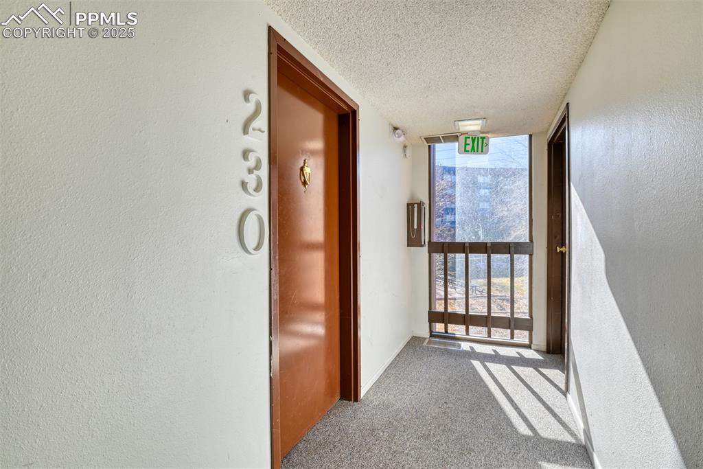 Hallway with carpet, a textured ceiling, floor to ceiling windows, and a textured wall
