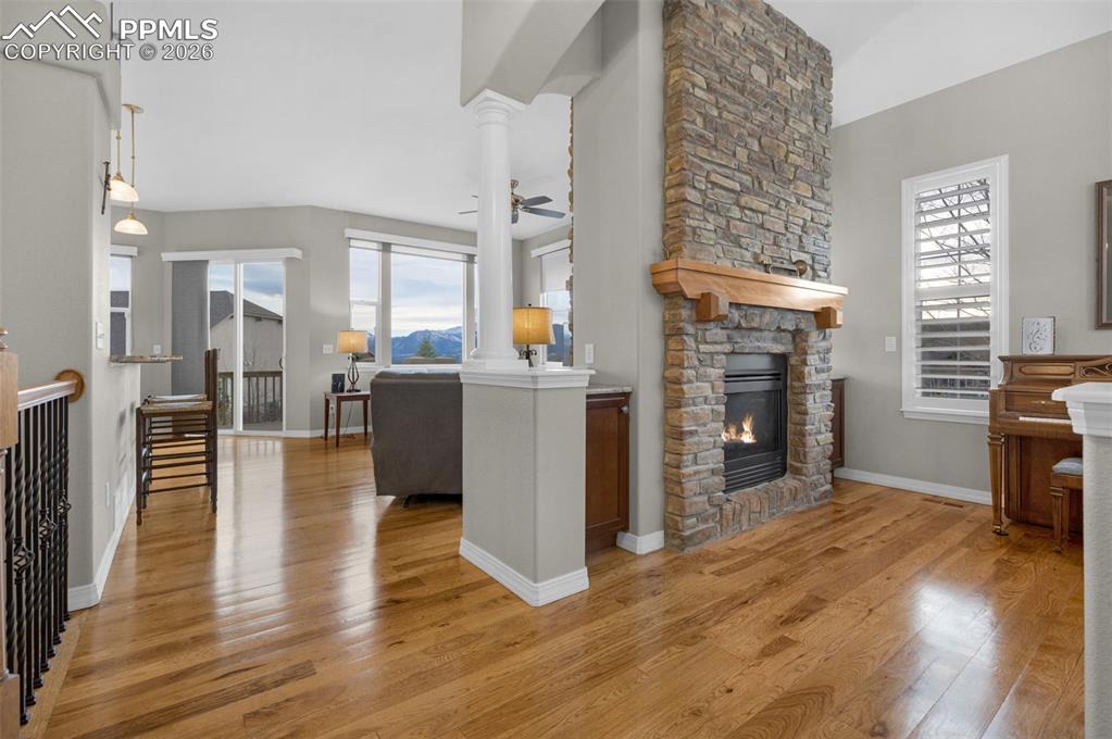 Hickory floors, double-sided fireplace