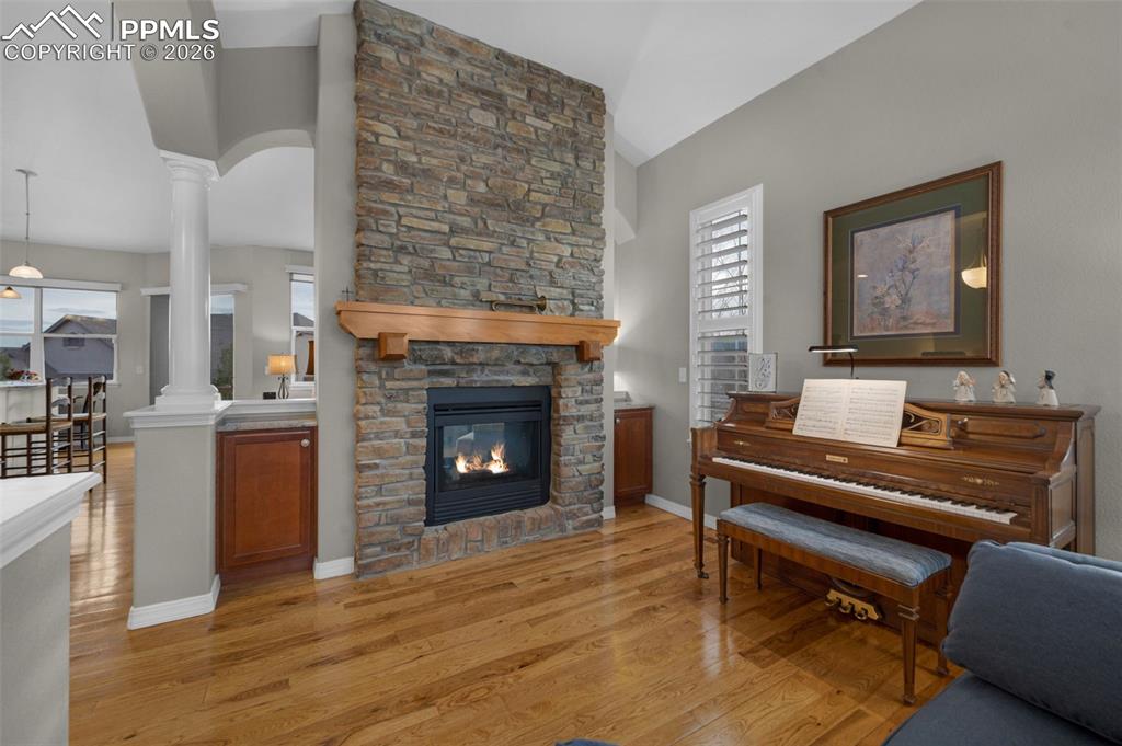 Hickory floors, double-sided fireplace
