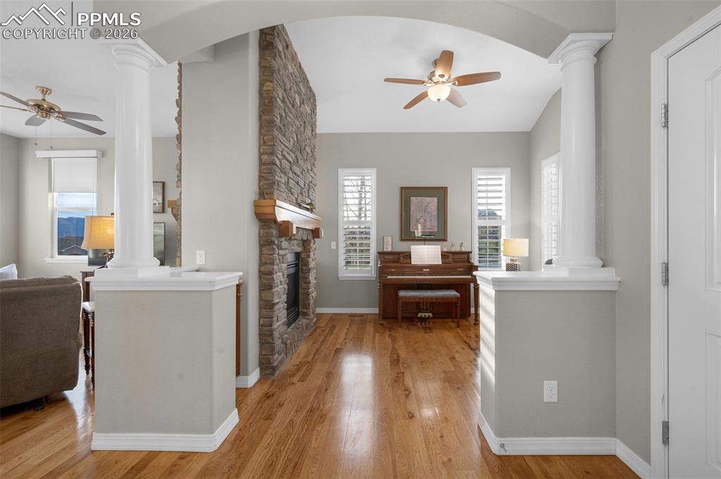 Hickory floors, double-sided fireplace