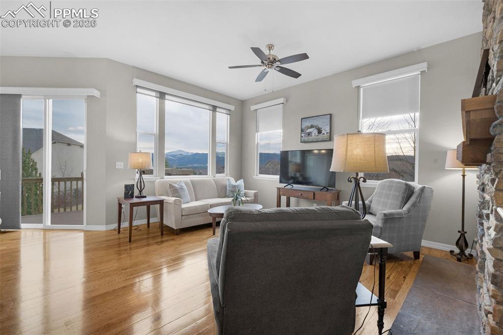 Hickory floors, double-sided fireplace