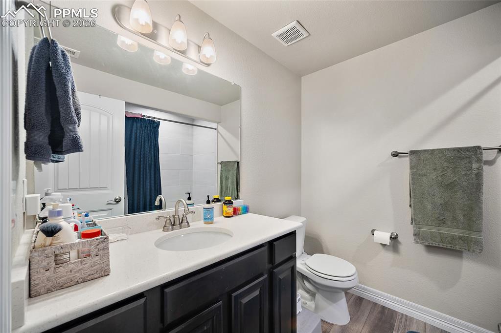 Full bathroom featuring curtained shower, vanity, and dark wood-style floors