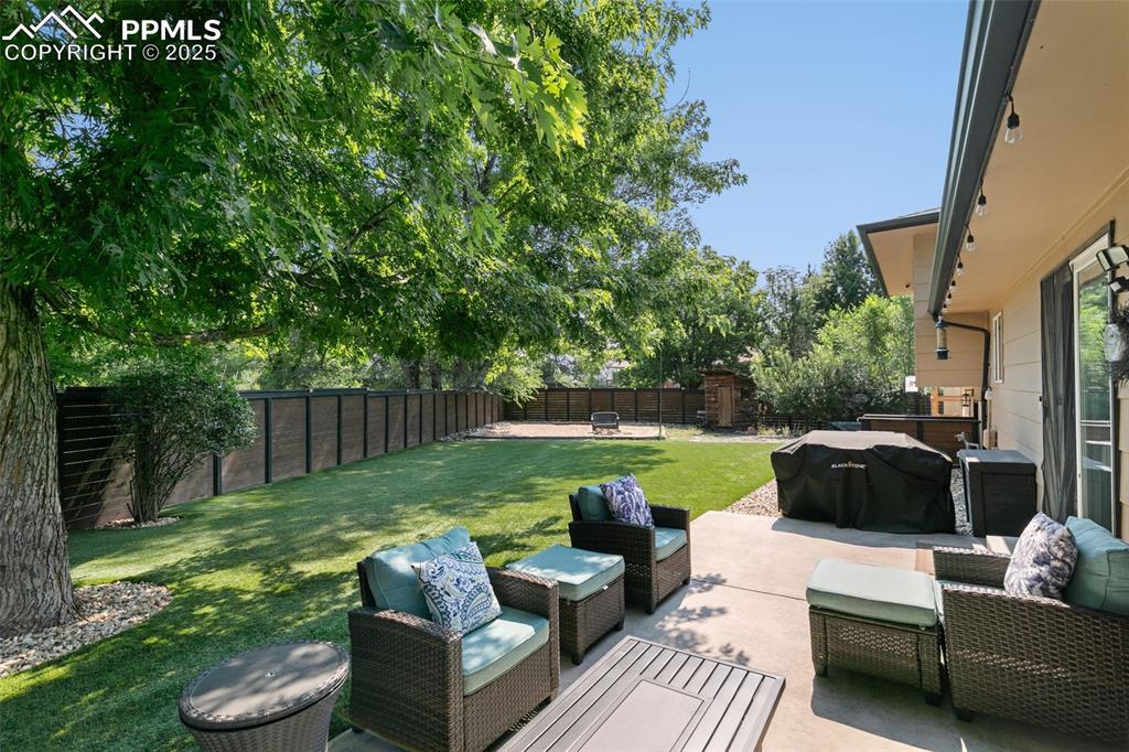 Fenced backyard featuring a patio and an outdoor living space