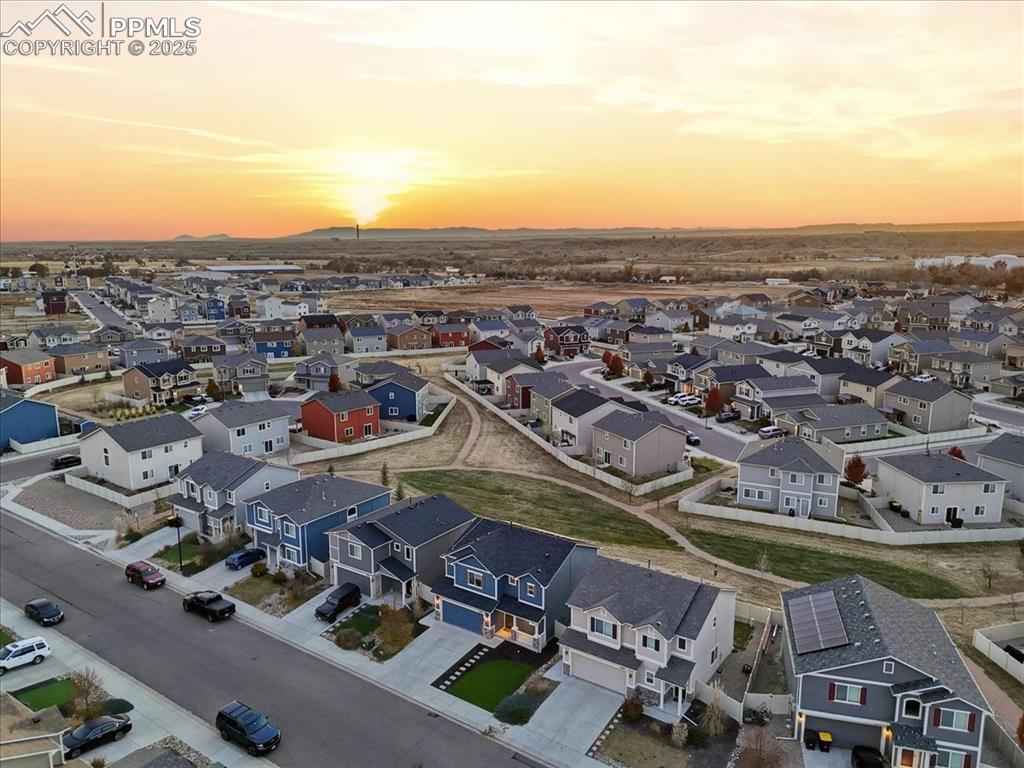 Aerial view at dusk of a residential view