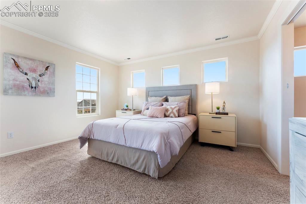 Bedroom featuring crown molding and light colored carpet