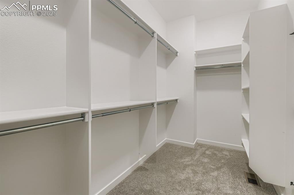 Walk in closet with light carpet