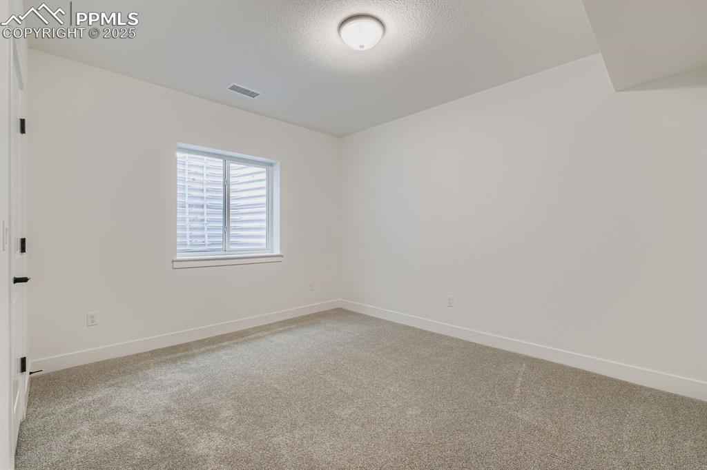 Unfurnished room with light carpet and a textured ceiling