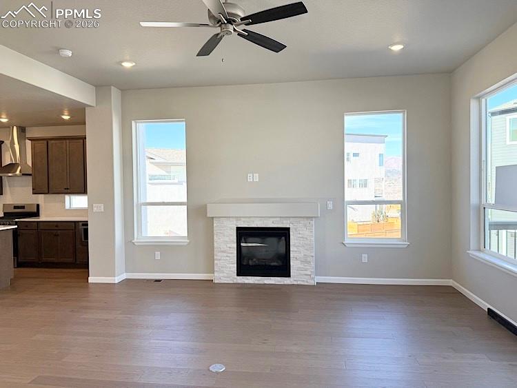 Spacious Kitchen Pantry with painted fixed wood shelving.