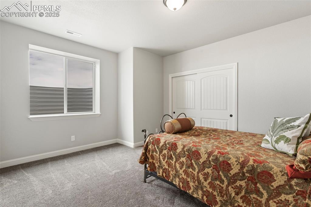 Bedroom with light carpet and a closet
