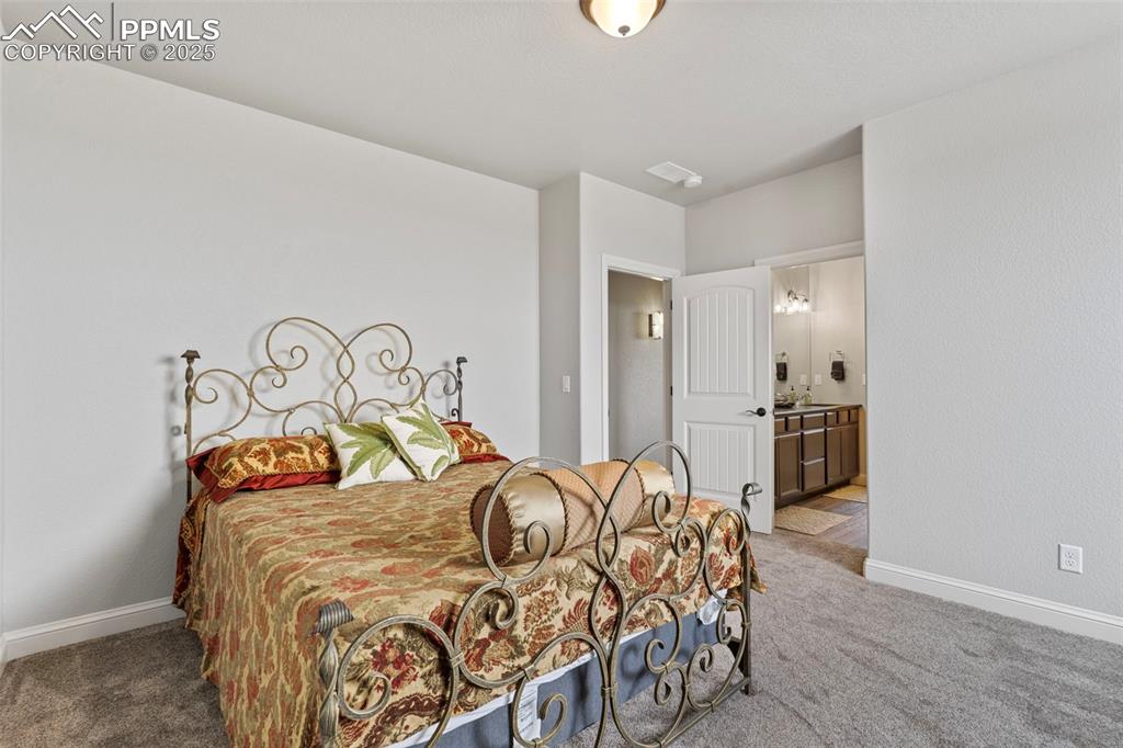 Bedroom with carpet flooring and connected bathroom